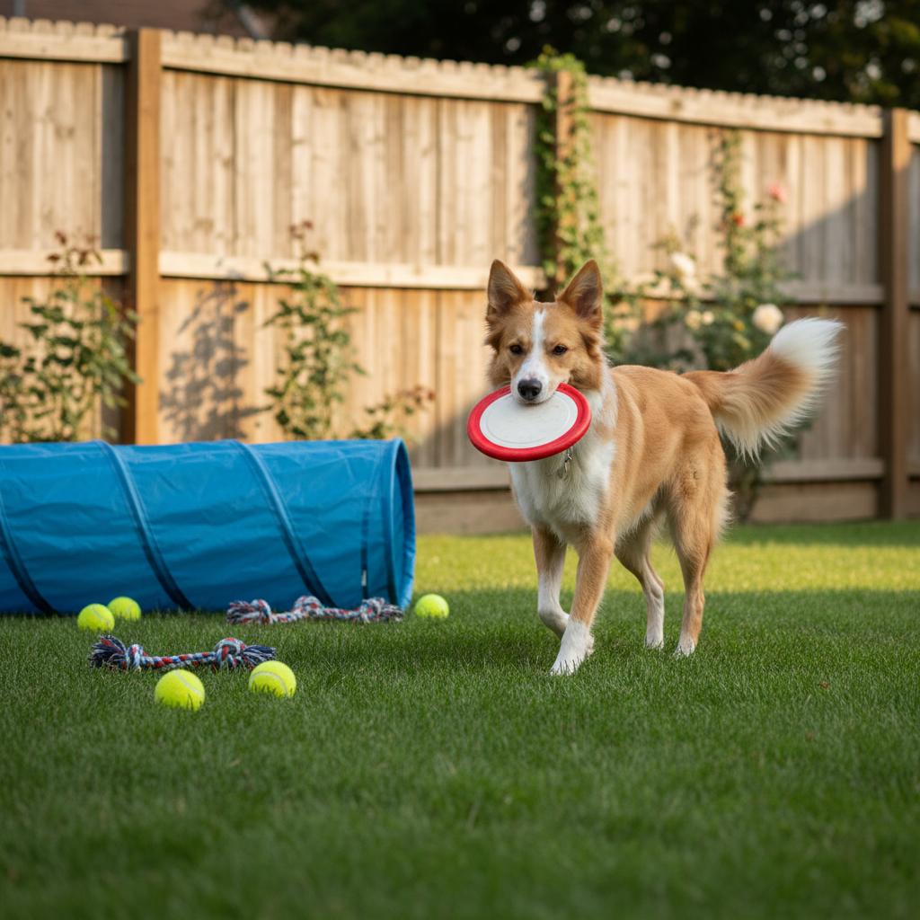A serene backyard scene prepared for a play session, with a well-maintained wooden fence, lush green grass, and a neatly coiled bright-blue agility tunnel alongside a scattering of clean tennis balls and rope toys. A medium-sized, athletic mixed-breed dog mid-trot carries a frisbee in its mouth, ears perked and tail relaxed, exuding contentment and trust. Late-morning natural sunlight creates bright but soft illumination, with mild shadows under the dog and toys. Photographic realism with a dynamic, slightly low-angle composition that emphasizes the dog’s movement while keeping the setting in clear focus. The atmosphere is energetic yet controlled, reflecting professional, structured playtime as part of a reliable dog walking and pet sitting service.