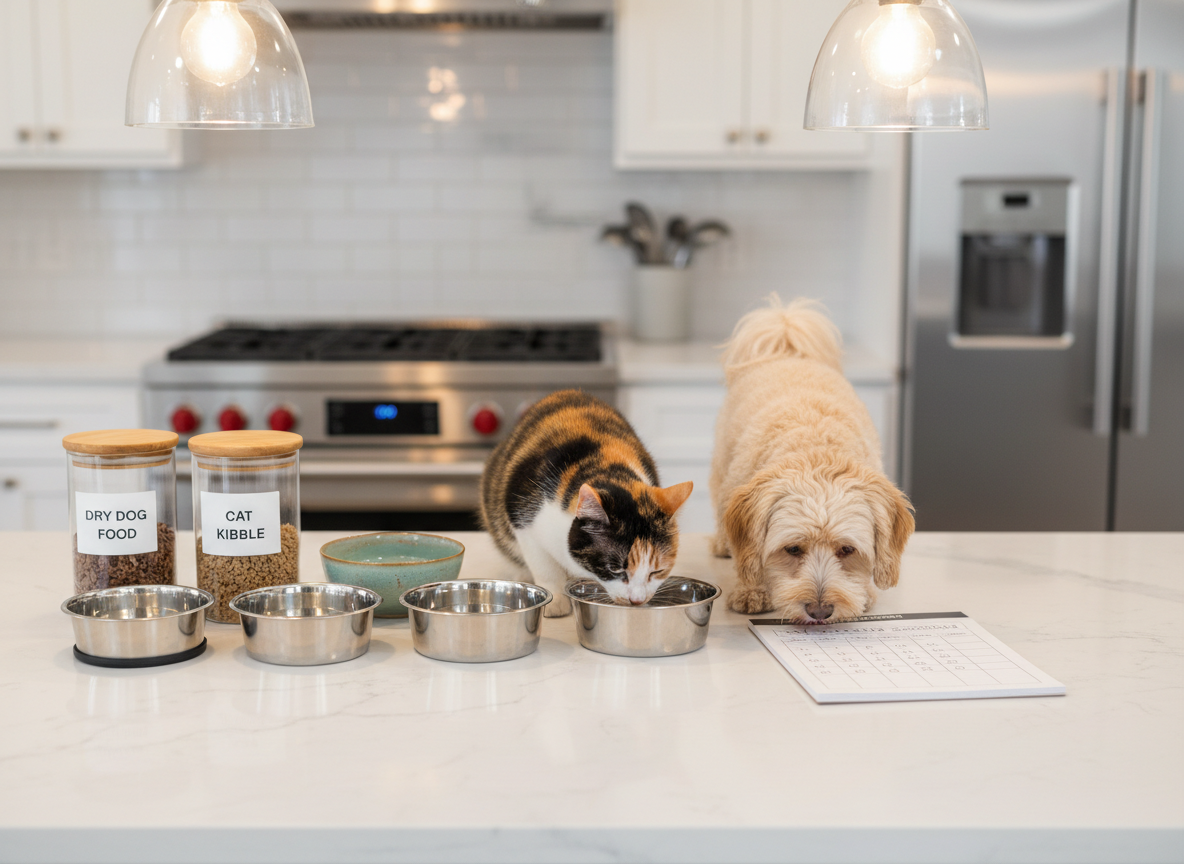 An organized kitchen counter transformed into a pet care station, featuring neatly labeled containers of dry dog food and cat kibble, a row of stainless steel and ceramic pet bowls, and a small open notebook displaying a handwritten feeding schedule with checkboxes. A calico cat eats from one bowl while a small, curly-haired dog drinks from another, both relaxed and comfortable. Soft overhead pendant lighting creates a warm, even glow with subtle reflections on the metal bowls and gentle shadows behind the containers. Shot in photographic realism from a slightly elevated angle, with crisp focus on the feeding area and a softly blurred, spotless kitchen background, conveying meticulous, professional in-home pet sitting and attention to detail.