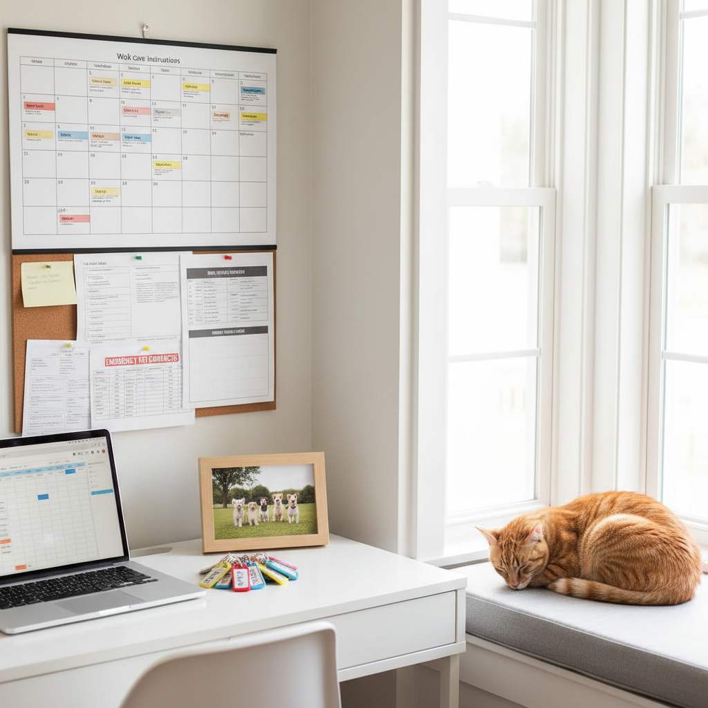 A bright, clean home office corner used by a professional pet sitter, with a large wall calendar filled with color-coded pet visit times, neatly pinned pet care instructions, and a corkboard displaying printed checklists and emergency vet contacts. On the desk, a sleek laptop shows an open scheduling app beside a stack of organized key tags, labeled by pet names, and a small framed photo of several happy dogs in a park. A sleeping tabby cat curls on a cushioned window seat nearby. Natural daylight streams in from the side window, creating soft highlights and a calm, efficient atmosphere. Photographic realism, shot from a slightly elevated angle with moderate depth of field, emphasizing organization, reliability, and professional pet care planning.