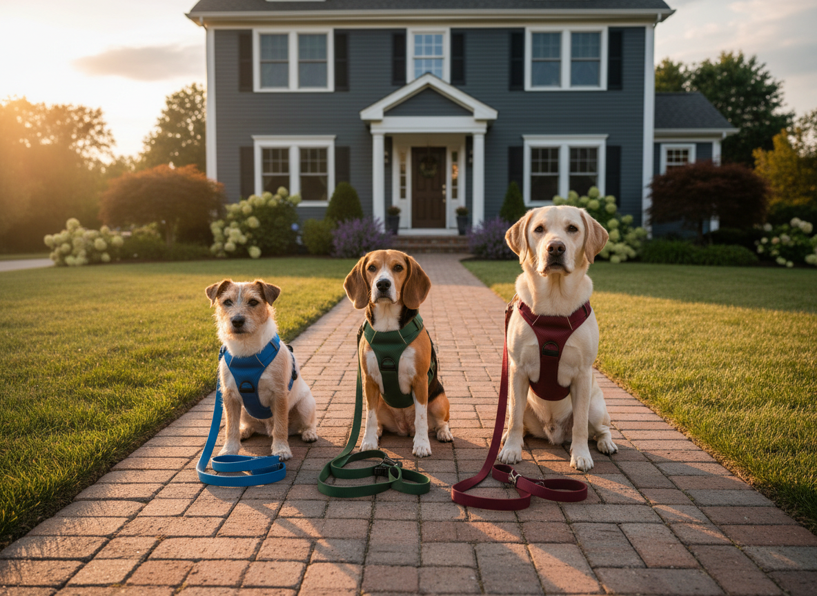 A tidy suburban front walkway at golden hour, leading to a well-kept home, with three leashed dogs of different sizes—one small terrier, one medium beagle, and one large labrador—sitting calmly side by side on the sidewalk, looking content and relaxed. Each dog wears a different color harness, neatly fitted, with high-quality leashes that rest gently on the ground, implying organized, professional dog walking. Warm, low-angle sunlight casts long, soft shadows and highlights the texture of the brick path and trimmed green lawn. Photographic realism with a slightly elevated angle, balanced composition using the rule of thirds, and a warm, inviting, professional mood that suggests reliability and routine care.