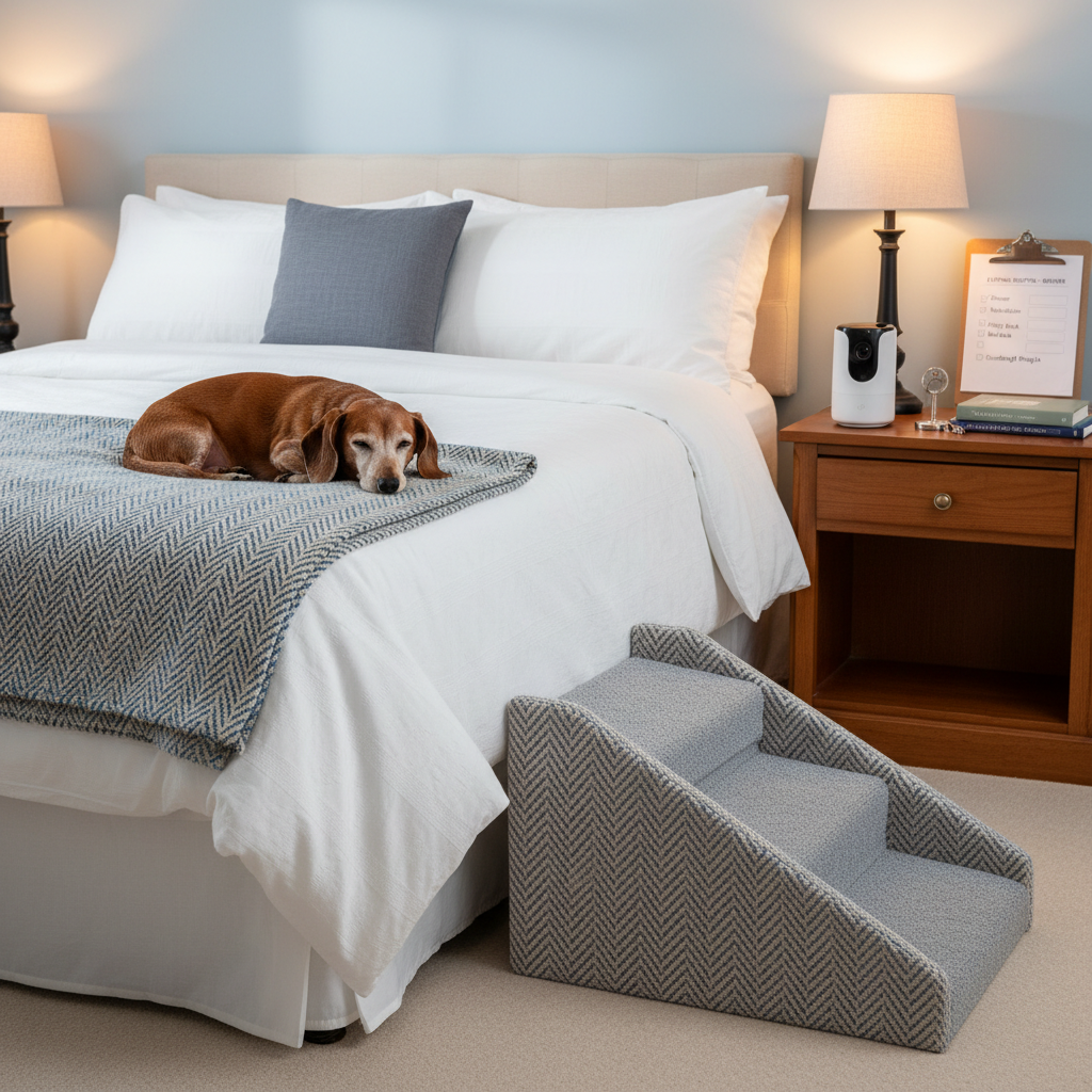 A neatly made guest bedroom adapted for overnight pet sitting, featuring a folded, patterned dog blanket at the foot of the bed, a cushioned pet ramp leading up, and a small nightstand organized with pet essentials: a digital pet camera, a labeled key hook, and a printed daily checklist on a clipboard. A small, elderly dachshund rests comfortably on the blanket, eyes half-closed. Soft, diffused evening light from a bedside lamp creates a warm, cozy ambiance with gentle shadows on the wall. Photographic realism with an eye-level, centered composition and clear, sharp focus across the room. The mood is reassuring and professional, emphasizing safety, routine, and attentive overnight in-home care for senior pets.