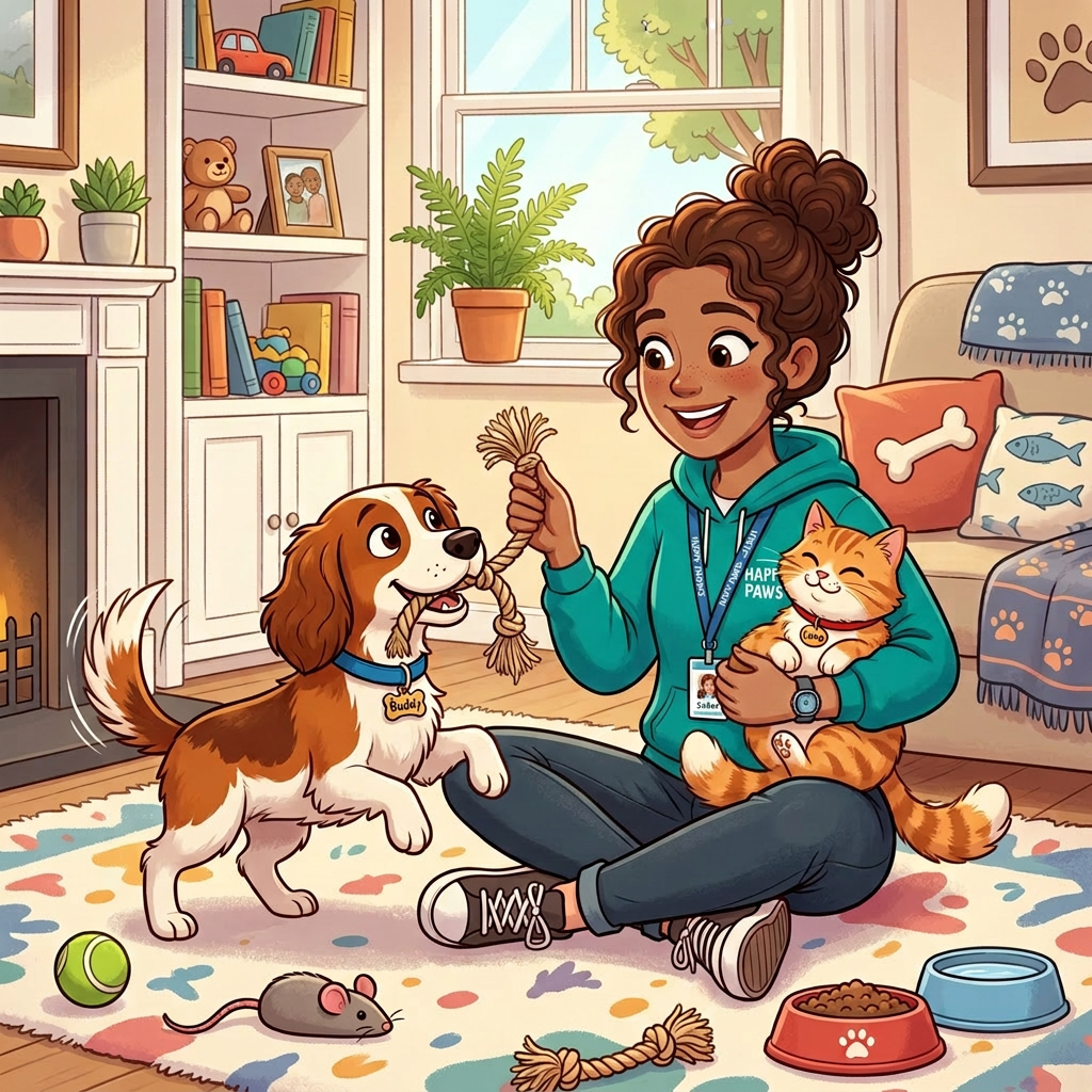 Volunteer in teal hoodie playing tug-of-war with dog and holding a relaxed cat indoors